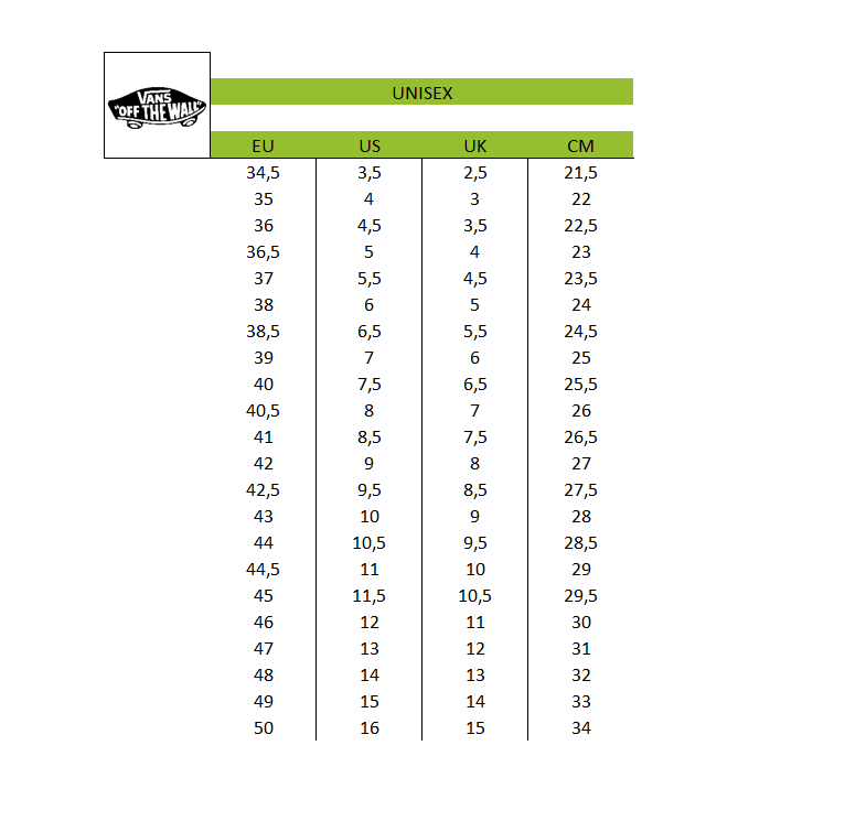 Tabla de discount tallas vans argentina